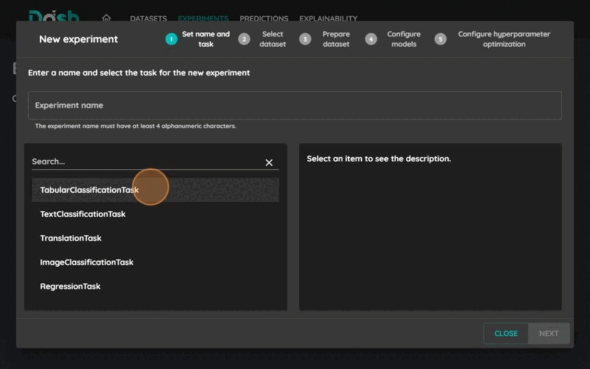 Select task and set name